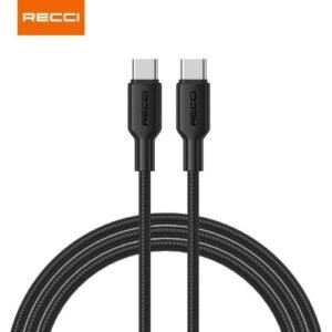 كابل Recci RS46CC USB-C to Type-C يدعم الشحن السريع PD 65W مع نقل بيانات مستقر، تصميم متين وطول عملي 120CM لشحن الأجهزة بكفاءة وأمان، ضمان محلي سنة