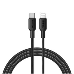 كابل Recci RS46CL Type-C to Lightning يدعم الشحن السريع PD 30W مع نقل بيانات مستقر، تصميم متين وطول عملي 120CM لشحن أجهزة Apple بكفاءة وأمان، ضمان محلي سنة