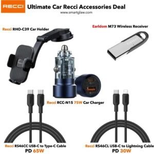Best Deal لإكسسوارات السيارة يشمل شاحن سيارة 75W، حامل موبايل، ريسيفر صوت لاسلكي وكابلات Recci الأصلية. عرض متكامل بسعر أوفر وشحن سريع. ضمان سنة