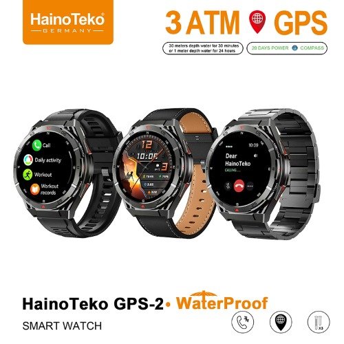 ساعة Haino Teko GPS-2 بشاشة AMOLED 1.43 بوصة وهيكل تيتانيوم مقاوم للخدوش، مقاومة للماء 3ATM، تدعم المكالمات، اللغة العربية كاملة، ومتوافقة مع Android وiOS.