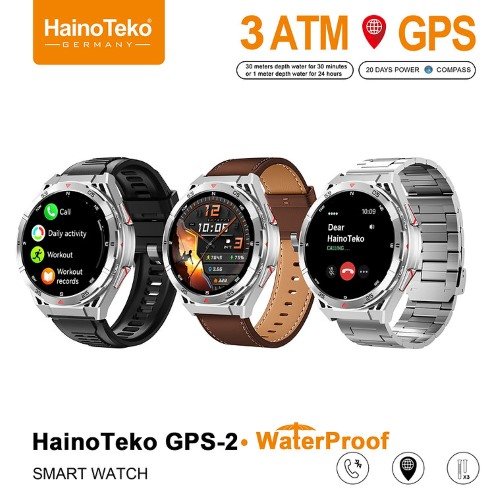 ساعة Haino Teko GPS-2 بشاشة AMOLED 1.43 بوصة وهيكل تيتانيوم مقاوم للخدوش، مقاومة للماء 3ATM، تدعم المكالمات، اللغة العربية كاملة، ومتوافقة مع Android وiOS.