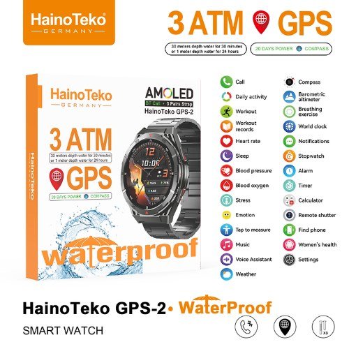 ساعة Haino Teko GPS-2 بشاشة AMOLED 1.43 بوصة وهيكل تيتانيوم مقاوم للخدوش، مقاومة للماء 3ATM، تدعم المكالمات، اللغة العربية كاملة، ومتوافقة مع Android وiOS.