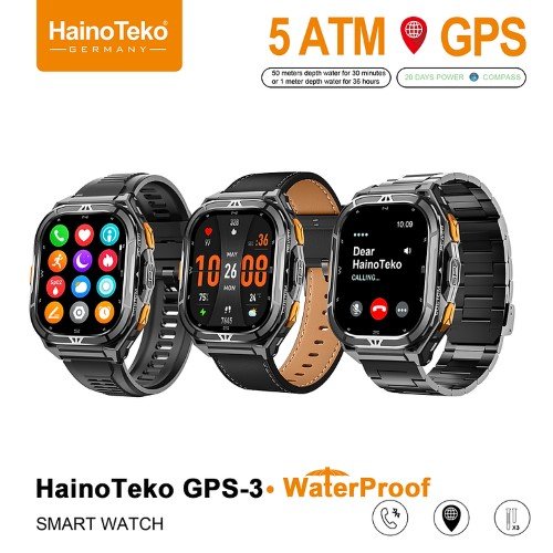 ساعة Haino Teko GPS-3 بشاشة AMOLED 1.96 بوصة وهيكل تيتانيوم مقاوم للخدوش، مقاومة للماء 5ATM، تدعم المكالمات، اللغة العربية كاملة، ومتوافقة مع Android وiOS.