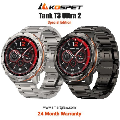 اشتري Kospet Tank T3 Ultra 2 Special Edition بشاشة AMOLED 1.43 بوصة، GPS مزدوج التردد، مقاومة ماء 5ATM + IP69K، مكالمات بلوتوث وبطارية حتى 15 يومًا.