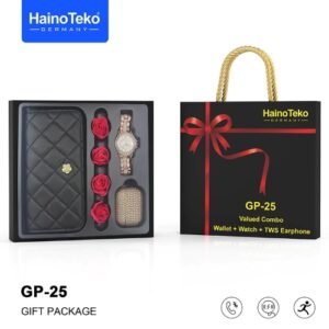 بوكس هدية Haino Teko GP-25 Gift Package يحتوي على ساعة حريمي استراس، محفظة جلد فاخرة، سماعة ايربود باللون الأسود وجراب استراس. هدية أنيقة للمناسبات المختلفة