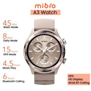 ساعة Mibro A3 الذكية بشاشة 1.39 بوصة مع مكالمات بلوتوث وGPS مدمج وأكثر من 100 وضع رياضي ومراقبة للصحة وبطارية تدوم حتى 8 أيام مع ضمان محلي لمدة سنة.