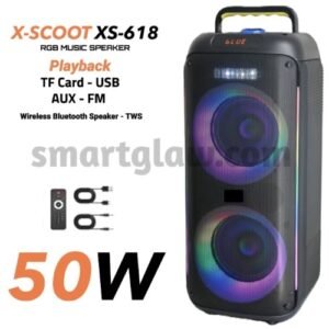 X-SCOOT XS-618 RGB Music Speaker مكبر صوت بلوتوث بسعة بطارية 3800mAh. تصميم لأداء صوتي عالي الجودة، اتصال لاسلكي، يدعم AUX-TF-USB، إضاءة RGB، بقوة 50W.