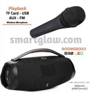 BOOMSBOX3 B30 LED Wireless Mic مكبر صوت مع مايك لاسلكي بسعة بطارية 4000mAh. تصميم لأداء صوتي عالي الجودة، يدعم AUX-TF-FM-USB، بقوة 60W.