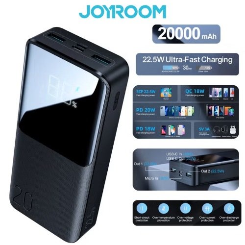 اشتري باور بانك JOYROOM JR-QP192 20000mAh مع شحن سريع 22.5W ودعم PD وQC، وشحن 3 أجهزة في نفس الوقت، مع شاشة LED ونظام حماية متكامل وضمان جودة.