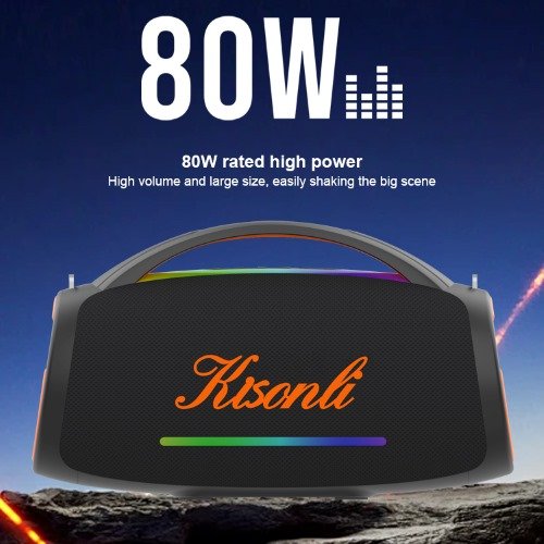 Kisonli K26 RGB Music Speaker مكبر صوت بلوتوث بسعة بطارية 6000mAh. تصميم لأداء صوتي عالي الجودة، اتصال لاسلكي، يدعم AUX-TF-USB، إضاءة RGB، بقوة 80W.