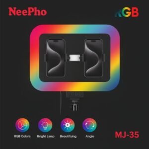 رينج لايت Neepho MJ-35 RGB بحجم 35 سم مع إضاءة متعددة الألوان RGB، تحكم كامل في السطوع، دوران 360° ومناسبة للبث المباشر وصناعة المحتوى والتصوير الاحترافي.