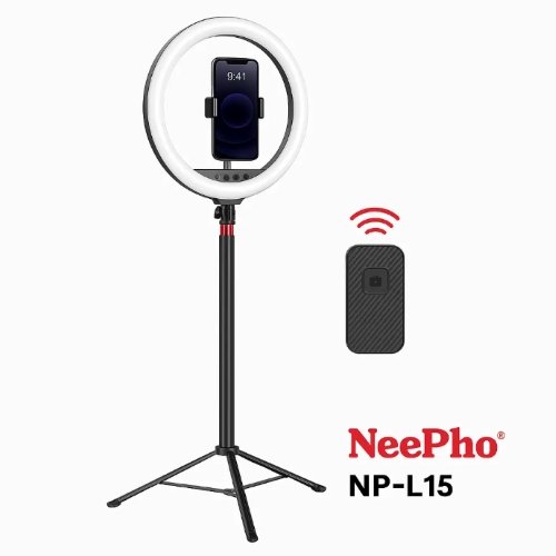 رينج لايت NeePho NP-L15 مع ترايبود قابل للتمديد حتى 2.1 م، 3 أوضاع إضاءة، ريموت بلوتوث وتحكم في السطوع، مناسبة للبث المباشر، تصوير الفيديو وصناعة المحتوى.