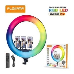 رينج لايت PLOKAMA LIVE-R56 Pro مقاس 56 سم بإضاءة RGB احترافية، تحكم في السطوع ودرجة اللون، دوران 360°، ريموت كنترول وحوامل للهاتف. مثالية للبث المباشر