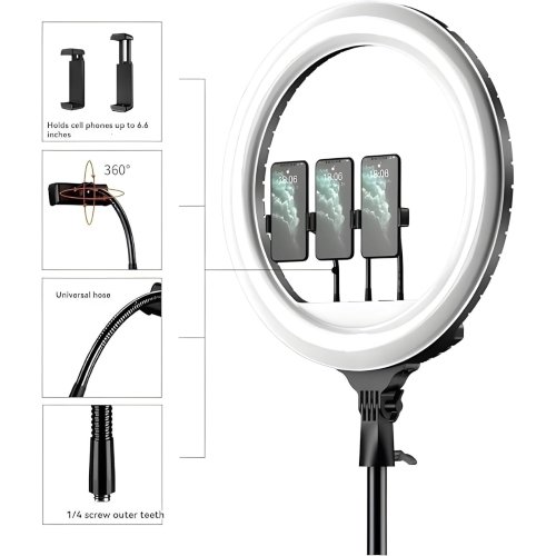 رينج لايت RL-21 Soft Ring Light مقاس 56 سم بإضاءة RGB احترافية، تحكم في السطوع ودرجة اللون، دوران 360°، ريموت كنترول وحوامل للهاتف. مثالية للبث المباشر