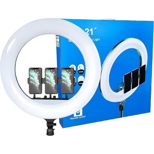 رينج لايت RL-21 Soft Ring Light مقاس 56 سم بإضاءة RGB احترافية، تحكم في السطوع ودرجة اللون، دوران 360°، ريموت كنترول وحوامل للهاتف. مثالية للبث المباشر