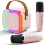 BDT K-22 Karaoke Speaker مكبر صوت بلوتوث لاسلكي, مع 2 مايك لاسكي يدعم كارت ميموري TF ومدخل USB و AUX مع كابل شحن Type-C, إضاءة بألوان RGB, مصمم بشكل أنيق