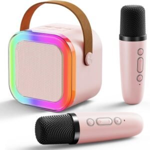 BDT K-22 Karaoke Speaker مكبر صوت بلوتوث لاسلكي, مع 2 مايك لاسكي يدعم كارت ميموري TF ومدخل USB و AUX مع كابل شحن Type-C, إضاءة بألوان RGB, مصمم بشكل أنيق
