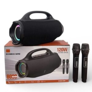 BOOMBOX 4K PRO 120W Speaker مكبر صوت مع 2 مايك لاسلكي بسعة بطارية 8000mAh. تصميم لأداء صوتي عالي الجودة، يدعم AUX-TF-FM-USB، بقوة 120W.