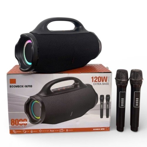 BOOMBOX 4K PRO 120W Speaker مكبر صوت مع 2 مايك لاسلكي بسعة بطارية 8000mAh. تصميم لأداء صوتي عالي الجودة، يدعم AUX-TF-FM-USB، بقوة 120W.
