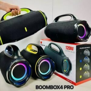 BOOMBOX 4 PRO 120W Speaker مكبر صوت بسعة بطارية 8000mAh. تصميم لأداء صوتي عالي الجودة، يدعم AUX-TF-FM-USB ومدخل Mic للحفلات او الاجتماعات بقوة 120W.