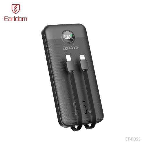باور بانك Earldom ET-PD55 10000mAh مع شحن سريع 22.5W، شاشة LED رقمية، منفذ USB ومنفذ USB-C متعدد الاستخدامات وكابلات مدمجة، مثالي للسفر والاستخدام اليومي