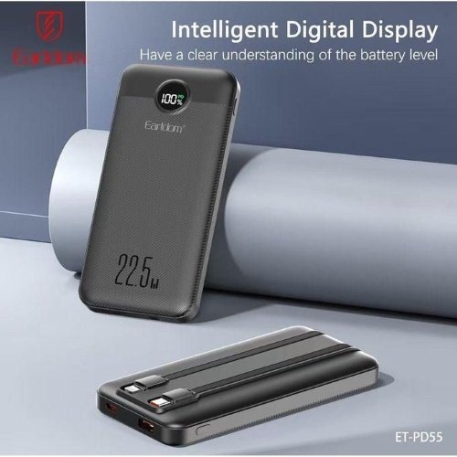 باور بانك Earldom ET-PD55 10000mAh مع شحن سريع 22.5W، شاشة LED رقمية، منفذ USB ومنفذ USB-C متعدد الاستخدامات وكابلات مدمجة، مثالي للسفر والاستخدام اليومي