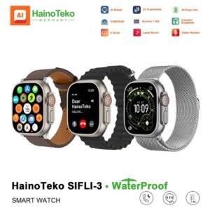 ⌚ HainoTeko SIFLI-3 Ultra3 Gen2 AI Smart Watch ✔ شاشة AMOLED فائقة الوضوح مقاس 2.02 بوصة. ✔ نسخة AI تدعم متجر التطبيقات والألعاب والخلفيات أونلاين. ✔ الاتصال بالإنترنت عبر Hotspot. ✔ ذاكرة داخلية 1GB لتخزين الملفات والصوتيات. ✔ التحكم في شاشة الهاتف والتقاط الصور عن بُعد. ✔ دعم الإشعارات العربية بشكل صحيح وسليم. ✔ Dynamic Island و Always On Display. ✔ إمكانية توصيل الإيربودز وتشغيل الملفات الصوتية. ✔ مقاومة للماء IP68 للاستخدام اليومي. ✔ 3 سترابات داخل العلبة (سيليكون + جلد + معدن).