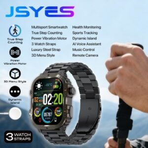 JSYES MS28 Smart Watch شاشة عالية الدقة بمقاس 2.01 بوصة، إجراء والرد على المكالمات، إلتقاط الصور من الساعة، توقيت 12 ساعة أو 24 ساعة، تتوافق Android و iOS.