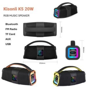 Kisonli K5 RGB Music Speaker مكبر صوت بلوتوث بسعة بطارية 4000mAh. تصميم لأداء صوتي عالي الجودة، اتصال لاسلكي، يدعم AUX-TF-USB، إضاءة RGB، بقوة 20W.