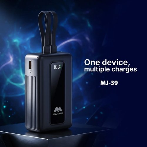 اشتري باور بانك Majentik MJ-39 بسعة 30000mAh وشحن سريع PD 22.5W. تصميم صغير الحجم مع كابلات مدمجة Type-C وLightning وأنظمة حماية ذكية وضمان سنة من الوكيل.
