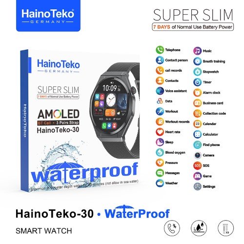 احصل على HainoTeko-30 Super Slim WaterProof بشاشة AMOLED مقاس 1.43 بوصة، مع دعم المكالمات، Always On Display، مقاومة الماء IP68، ودعم كامل للغة العربية.