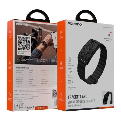 علبة ومحتويات Porodo TrackFit Arc Smart Bracelet باللون الأسود