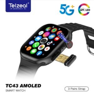 ساعة Telzeal TC43 Android Smartwatch بشاشة AMOLED مقاس 2.2 بوصة، ذاكرة 64GB، رام 6GB، دعم 4G وWi-Fi، كاميرا 8MP، GPS، متجر Google Play، وواجهة عربية كاملة.